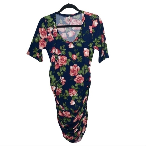 Mother Bee Maternity Blue Floral Ruches Sides Body Con Dress Large - Picture 1 of 8